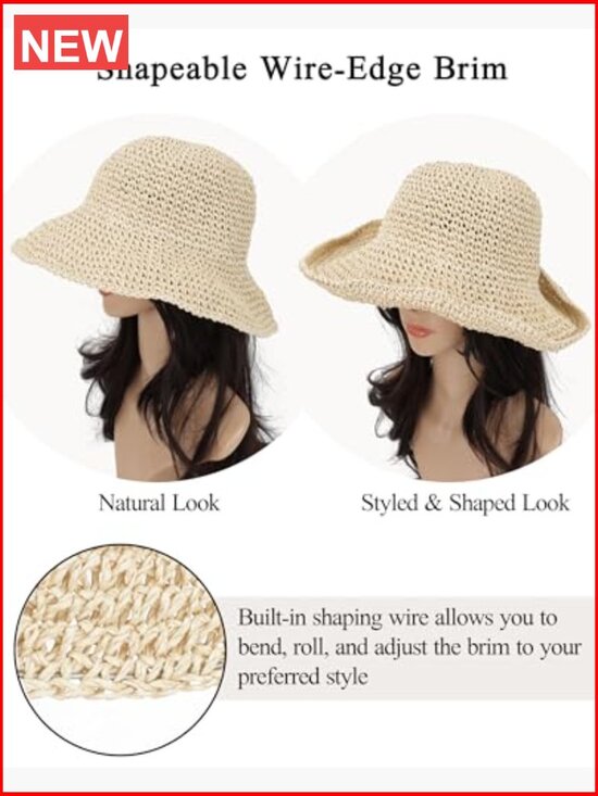 Crochet Straw Sun Hat with Wide Brim Foldable Floppy Beach Hat for Summer main image 4